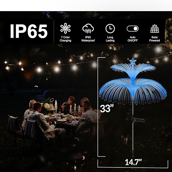 Solar Garden Lights 3 Pack Waterproof Outdoor 7 Color Changing Solar Flower Lights Double Jellyfish and Star Design Christmas Yard Garden Decor