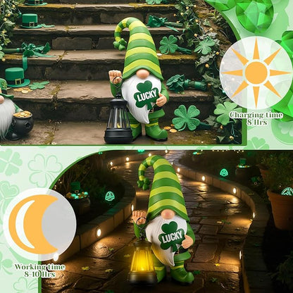 Retisee Solar St. Patrick's Day Garden Statue Resin Gnome Statue with Shamrock LED Lights Outdoor Lucky Solar Light Figurine Decoration for Yard Patio Lawn Gift for St. Patrick's Day Irish