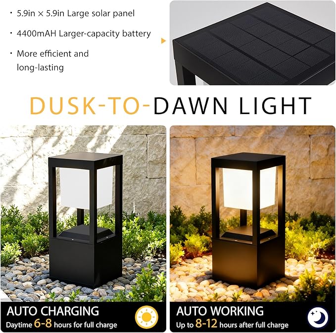 Solar Bollard Lights Outdoor, Premium Modern Led Landscape Pathway Lights Waterpoorf, Path Lighting for Garden Yard Walkway, 3CCT Seturable, Dusk to Dawn, Auto On/Off (4 Pack)