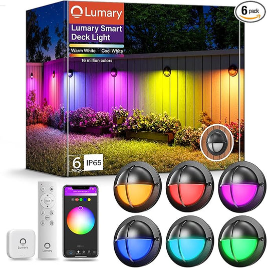 Lumary 12-24V Smart Low Voltage Deck Lights with Hub, 4Inch RGB+CCT Outdoor Privacy Fence Lights, IP65 Waterproof Landscape Lighting for Step, Deck, Patio, Works with Alexa & Google, 6Pack