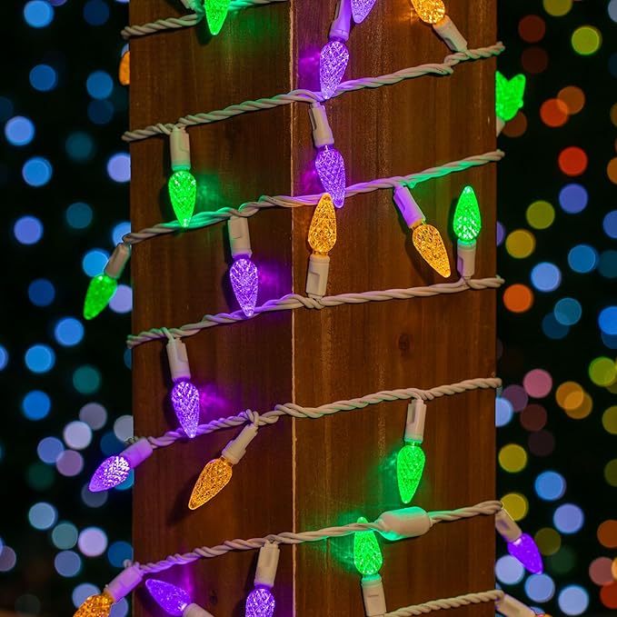 70 Light 24Ft Mardi Gras Lights Commercial String Lights C6 LED Strawberry Faceted Bulb – Yellow/Purple/Green | Lumora