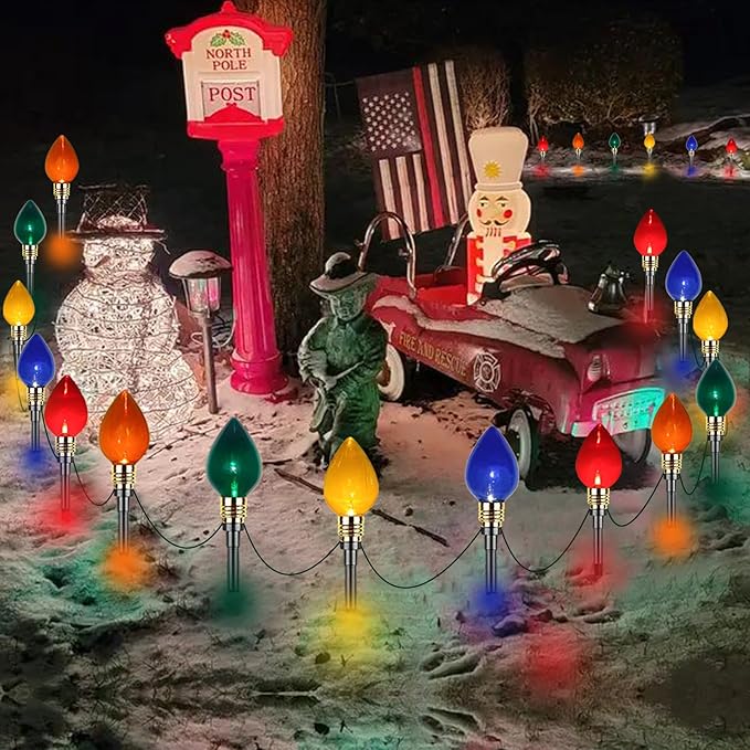 Christmas Pathway Lights Outdoor 17.3Ft 10 LED Mini Colored Bulb Lights and 10 Stakes, Connectable Driveway Christmas Light for Yard Patio Walkway Xmas Outdoor Decorations