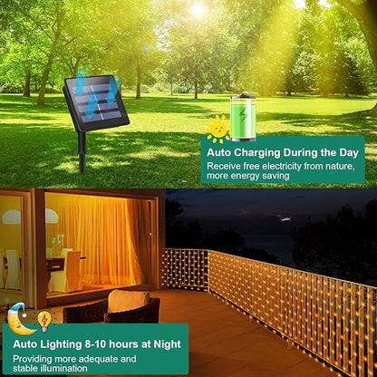 Solar LED Net Lights 9.8 x 6.6Ft, 200 LEDs Net Mesh Lights, Solar Outdoor Bush Mesh Light Dark Green Cable with 8 Modes for Trees Bushes Garden Yard Decoration - Warm White
