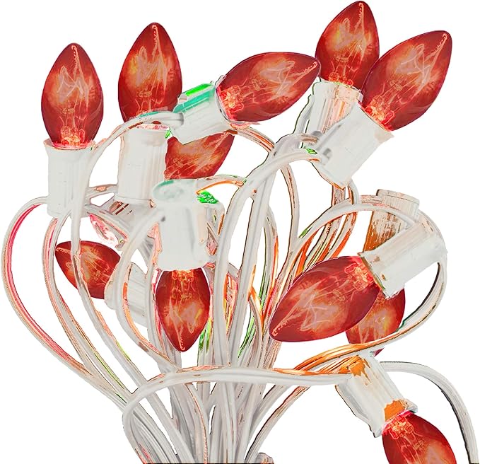 EST. LEE DISPLAY L D 1902 Outdoor Patio String Lights Bulbs & Green Hanging Cord Set Christmas Holiday Seasonal Light Bulbs & Cord Included 25FT C-9 E17 (White Wire, Orange)