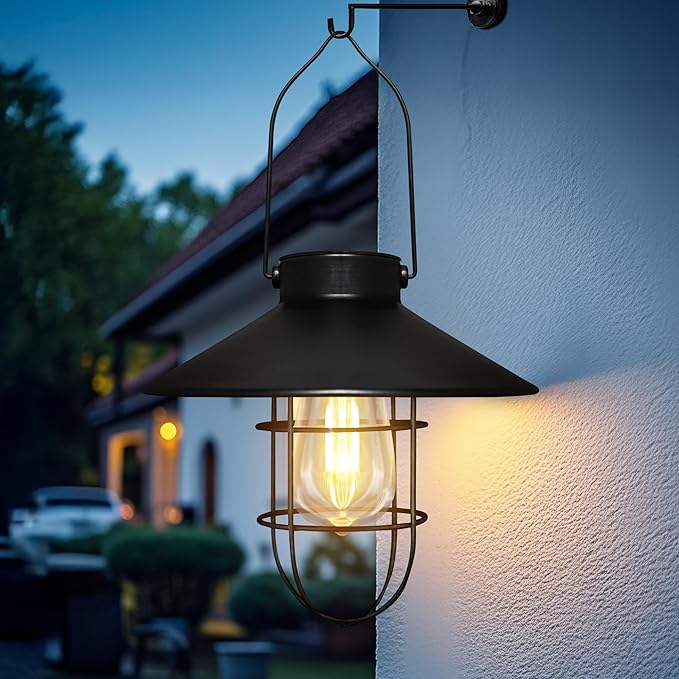 pearlstar Solar Lantern Outdoor Hanging Light- Waterproof Vintage Metal Solar Lantern Light with Warm White Edison Bulb Decorative for Patio, Backyard, Porch, Yard