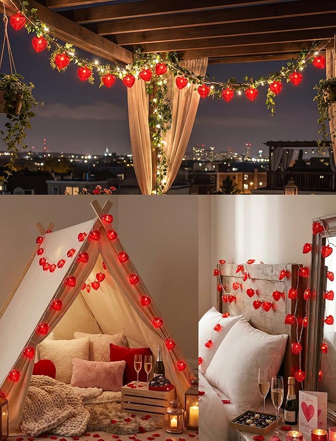 Valentines Red Heart String Lights Plug in, 8.5Ft Outdoor Valentine's Day Decorations Lights with 10 Red Glitter Heart Lights, Hanging Heart Fairy Lights for Indoor Window Wedding Birthday Party Decor