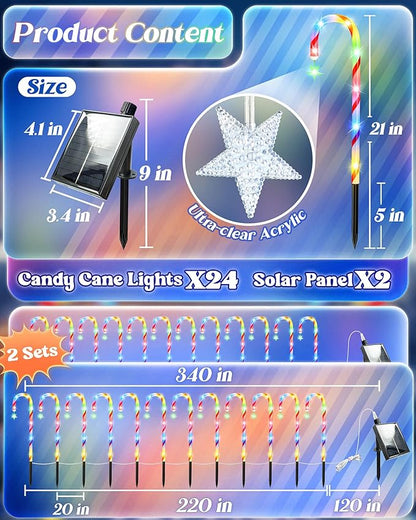 Anordsem Solar Christmas Decorations Outdoor: 21" Candy Cane Lights with Star 24 Pack - Waterproof LED 8 Colorful Lighting Models for Yard Pathway Xmas Decor - 2026 New Year Gifts for Homeowners