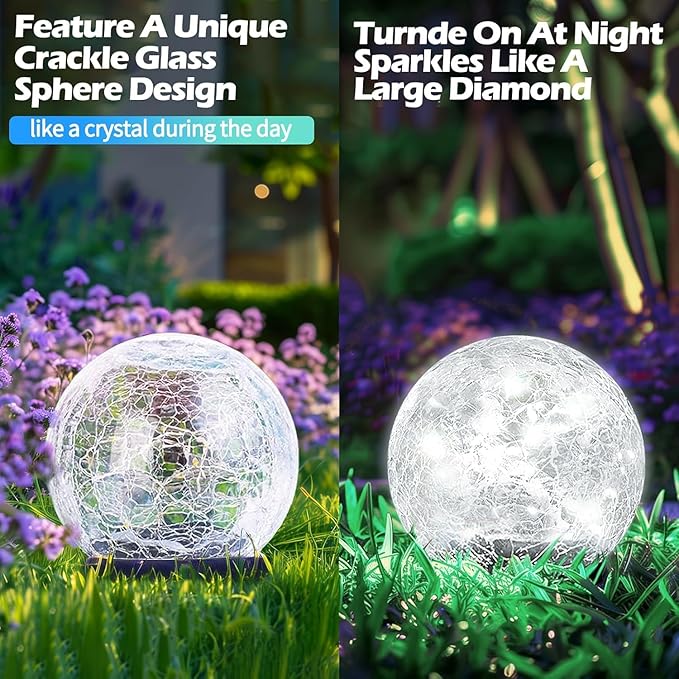Cracked Glass Outdoor Solar Lights Landscape Garden Ball Lights, Garden Solar Ball Lights Waterproof (White, 10cm)