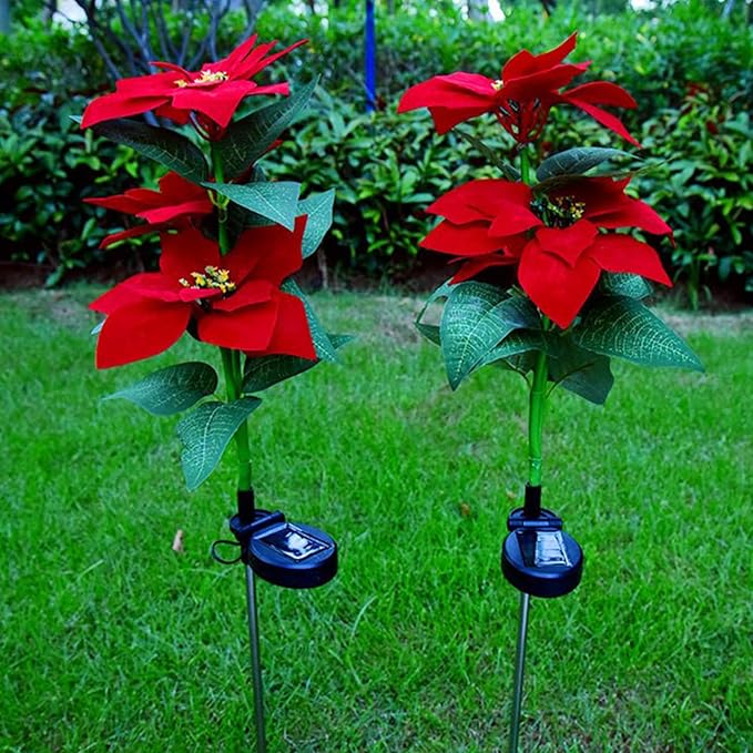 Firlar 2Pcs Solar Poinsettia Garden Lights,Christmas Poinsettia Stake Lights Solar Red Rose Lights,Waterproof Outdoor Xmas Holiday Flower Landscape Light for Yard Pathway Patio Decor