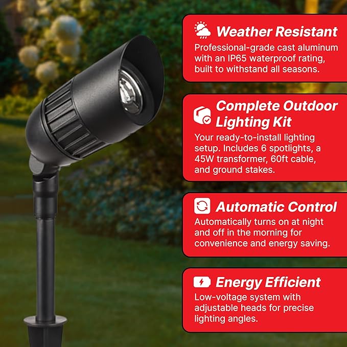 6-Pack Outdoor Low Voltage Landscape Spotlights, 6×3W 200LM, 3000K Warm White, Dusk to Dawn, IP65 Waterproof Path Lights with Transformer, 60FT Cable & Ground Stakes