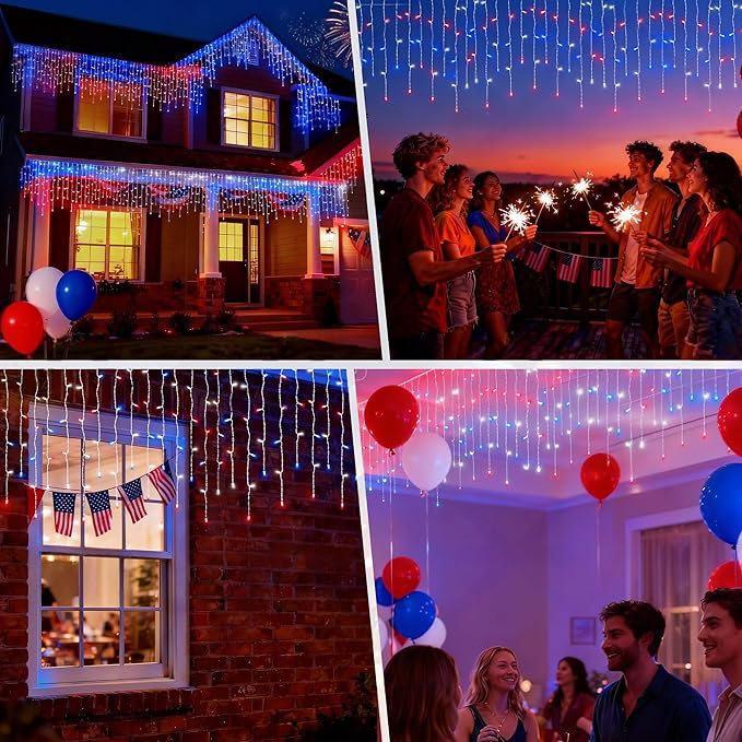 LED Christmas Lights, 100 LED Icicle Lights on 7FT with 4 Inch Spacing - 5MM Wide Angle Red & White & Blue Bulbs, IP68 Waterproof & ETL Certified for Outdoor/Indoor