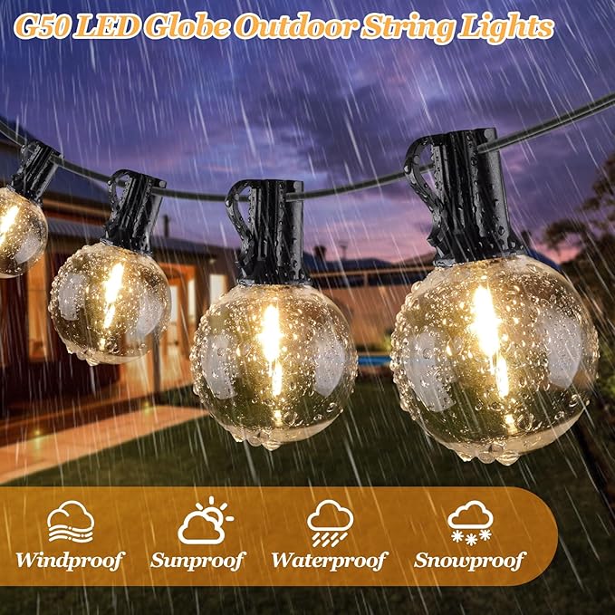 Bosceos 100ft Outdoor G50 LED Globe String Lights Dimmable Waterproof Shatterproof Light Strings with 52 Bulbs | Lumora