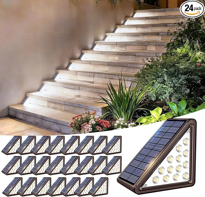 Brown Solar Step Light Outdoor Stair Lights, Deck Lights Outdoor Powered IP65 Waterproof, 6500K Cool White Solar Outdoor Step Light, Decor for Stair, Deck, Step,Porch and Outside Patio, 24 Pack