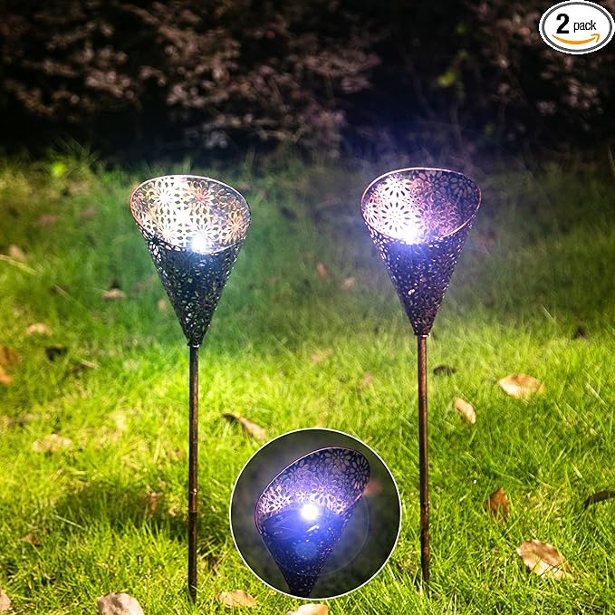 Outdoor Solar Lights Garden, 2 Pack Bronze Torch Metal Stake Waterproof LED Solar Powered Lights for Pathway, Lawn, Patio, Yard