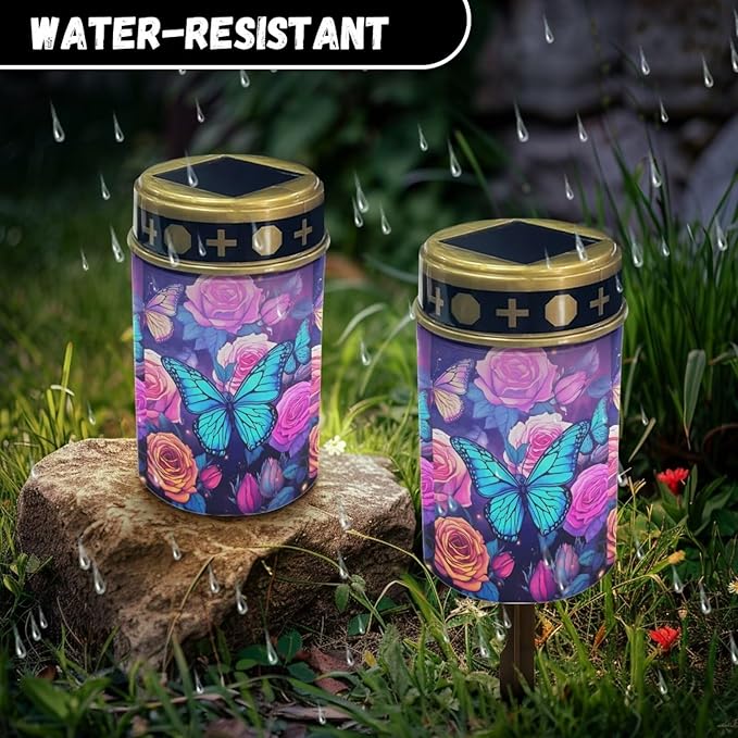 ZOUTAIRONG Solar Light for Cemetery Grave 6 Pack Solar Garden Lights Garden Lights Solar Pathway Lights Outdoor Cemetery Solar Lights for Grave Solar Lights for Cemetery Gravesite Rose Butterfly