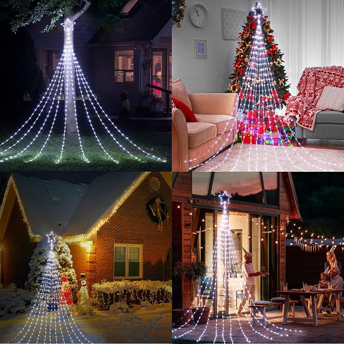 Christmas Decorations Star String Lights, 344 LED Waterfall Tree Lights with 11" Topper Iron Star Christmas Lights Indoor Outdoor Decorative for Wedding Party Home Holiday Decor (Pure White)
