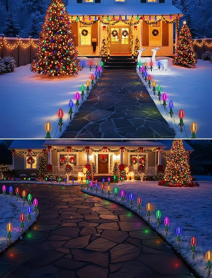 38FT LED C9 Multicolor Christmas Pathway Lights Outdoor,25 Weatherproof LED Christmas Walkway Lights with C9 Multicolor Bulbs and Stakes for Lawn Backyard snowfield Xmas Decorations