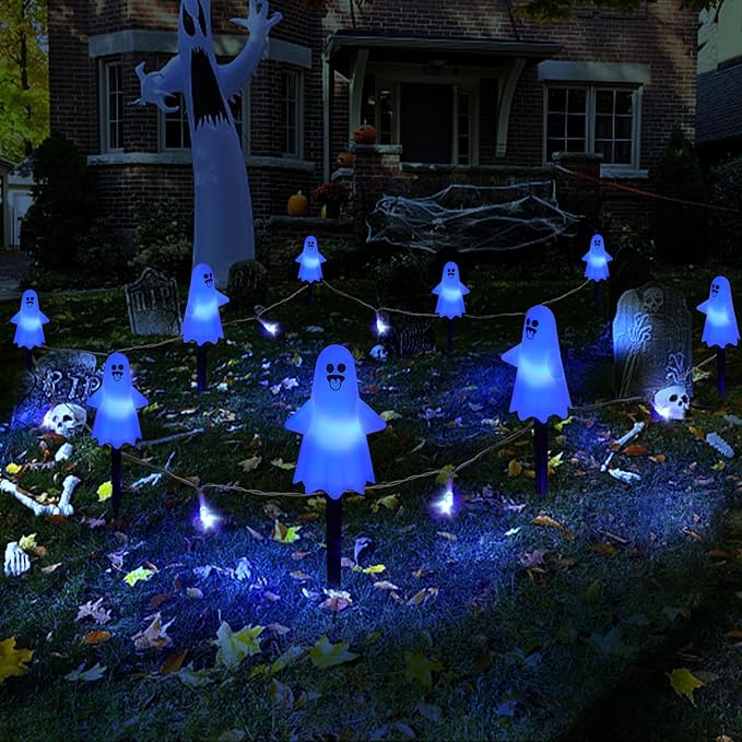 8Pcs Ghost Halloween Decor Pathway Lights Outdoor, Solar Powered Ghost Stake Lights with 8 Lighting Modes, Waterproof Halloween Decorations for Garden/Yard/Patio