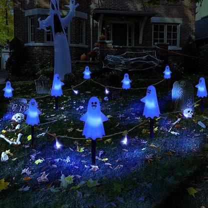 8Pcs Ghost Halloween Decor Pathway Lights Outdoor, Solar Powered Ghost Stake Lights with 8 Lighting Modes, Waterproof Halloween Decorations for Garden/Yard/Patio