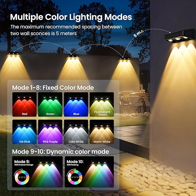 Solar Wall Lights,100 LM Color Changing Solar Fence Lights Outdoor Solar Powered with Ultra-Bright LED Lens 1200 mAh Waterproof IP65 for Christmas Halloween Patio Yard Backyard 6 Pack (RGB)