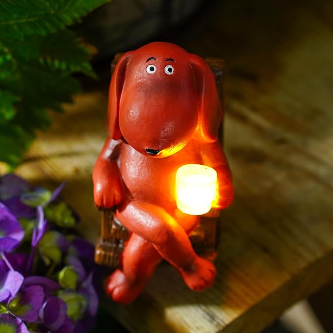 Dog Solar Statue Drinking Coffee Statue Decoration with Solar Light Figurine Ornament for Indoor Outdoor Home Patio Yard Lawn