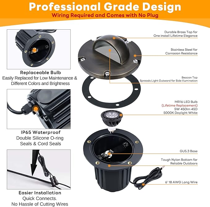Gardenreet Landscape Low Voltage Well Light - Brass LED Electric 12V in-Grade Lighting, Replaceable Bulb Wired | Lumora