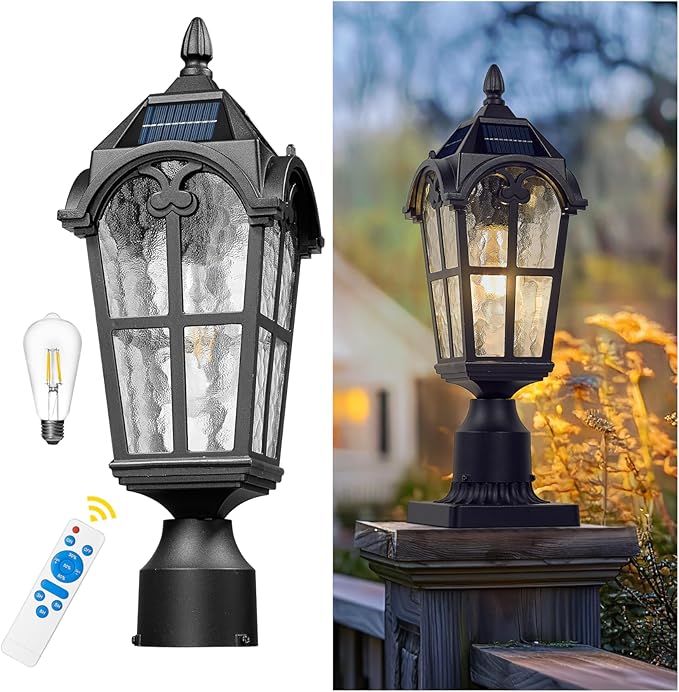 Emliviar 17.3 Inch Solar Lamp Post Light in Black Finish, Dusk to Dawn Outdoor Light Fixture with Remote Control | Lumora