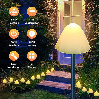 Solar Garden Lights, 12 LED 14.5ft Mini Mushroom Solar Lights Outdoor Waterproof, 2 Modes Lighted Mushroom Shaped Pathway Light for Patio Yard Garden Christmas Fall Decoration（Warm White）