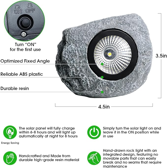 4 Pack Solar Garden Rock Lights Outdoor, 20 LM Bright White Spotlights with Auto On/Off, IP65 Waterproof 6000K Led Solar Powerd Landscape Stone Lights for Pathway Walkway Yard Patio