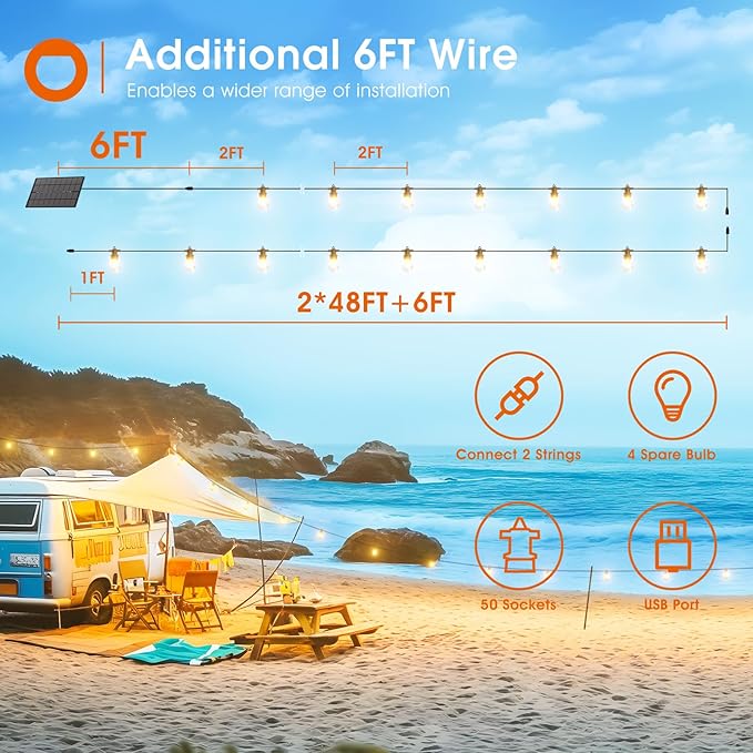 addlon 100FT(2FT) Solar String Lights Outdoor Waterproof with 6W Panel USB Charing & Remote Control Patio Lights | Lumora