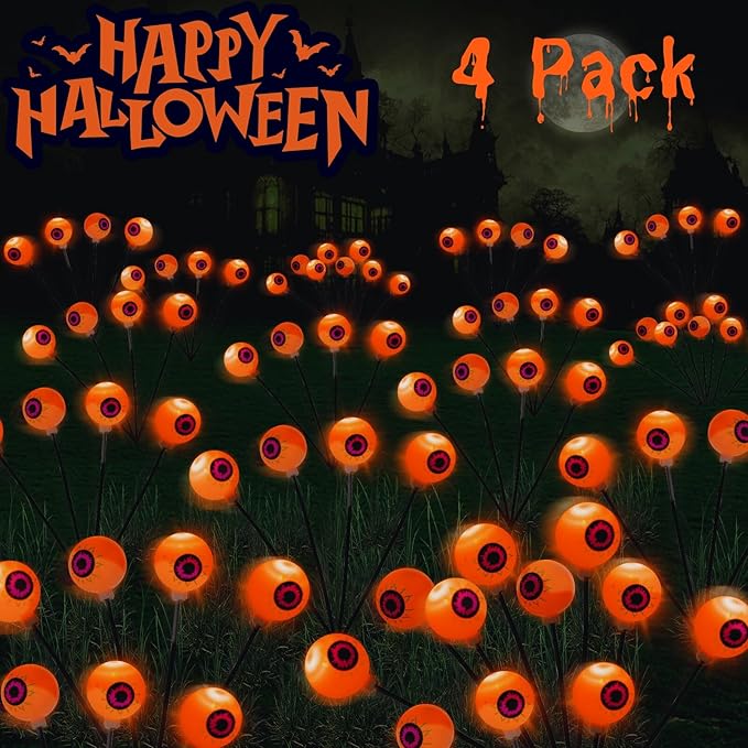 4 Pack Halloween Decorations Outdoor Path Lights - 32LED Solar Eyeball Pathway Light Swaying by Wind, Waterproof Solar Halloween Stake Lights for Garden Yard Porch Patio Pathway (Orange)