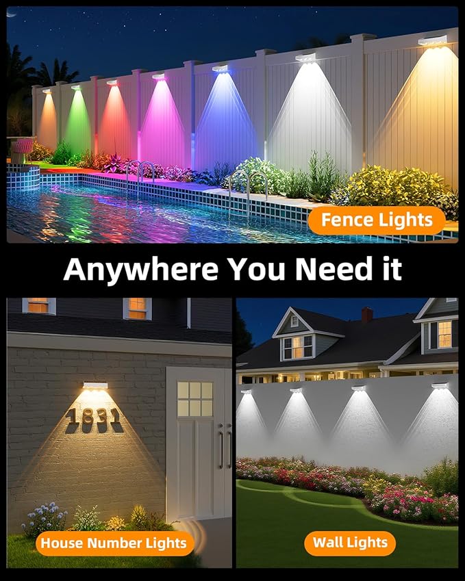 Solar Fence Lights Outdoor, 8 Pack, 9 Fixed Colors ＆ Color Changing LED Light Solar Powered Waterproof IP65 Dusk-to-Dawn Vinyl Fence Lights for Patio, Railing, Pool, Porch, Backyard, Wall