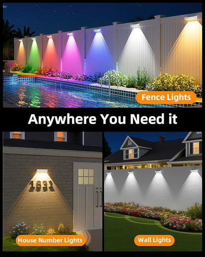 Solar Fence Lights Outdoor, 8 Pack, 9 Fixed Colors ＆ Color Changing LED Light Solar Powered Waterproof IP65 Dusk-to-Dawn Vinyl Fence Lights for Patio, Railing, Pool, Porch, Backyard, Wall
