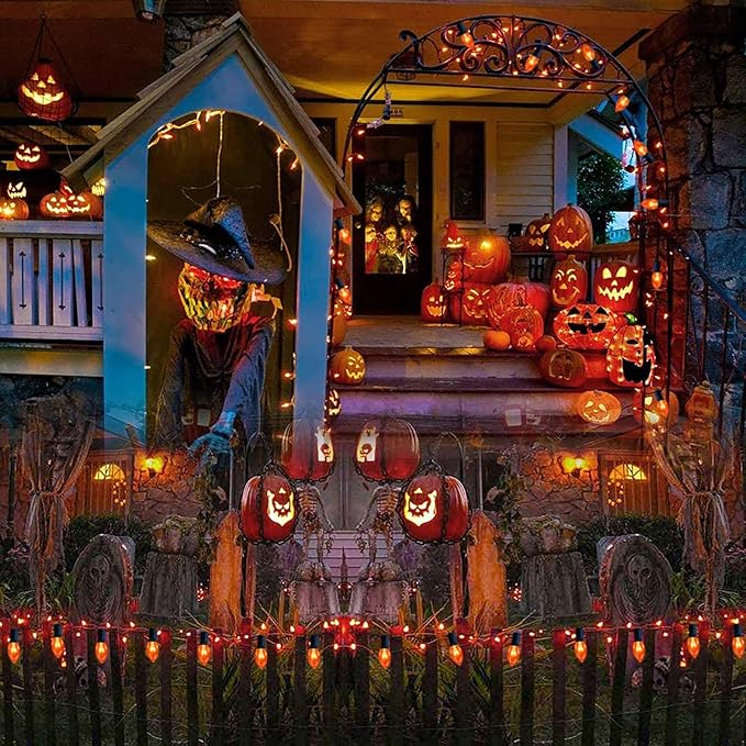 C9 Halloween String Lights, 25Ft Outdoor Orange String Light with 26 Clear Orange Bulbs(1 Spare), Halloween Lights for Indoor Outdoor Party Holiday Lighting Decor, Black Wire