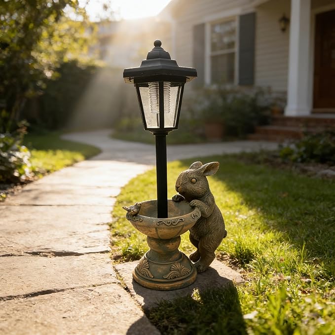Solar Rabbit Garden Statue for Outdoor Decor with Lantern - Lawn Decoration 15.8“ Tall Bunny Figurine Lights for Patio, Yard, Porch Ornament - Valentine's Day Gifts for Mom, Grandma, Women