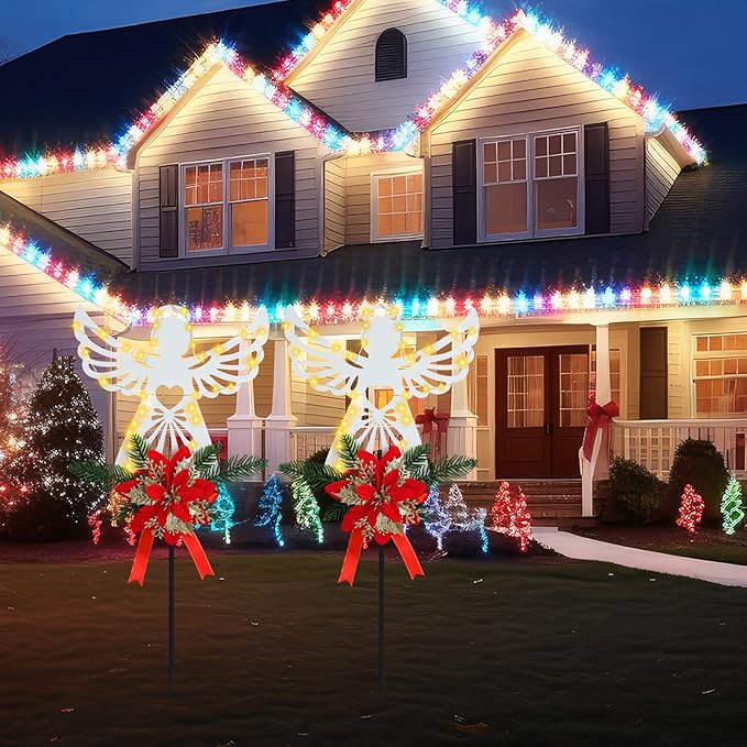 Baquler 2 Pack Christmas Solar Angel Stake Lights 32" Christmas Cemetery Grave Decorations with Poinsettia for Xmas Cemetery Memorial Outdoor Yard Pathway Garden Lawn Decorations