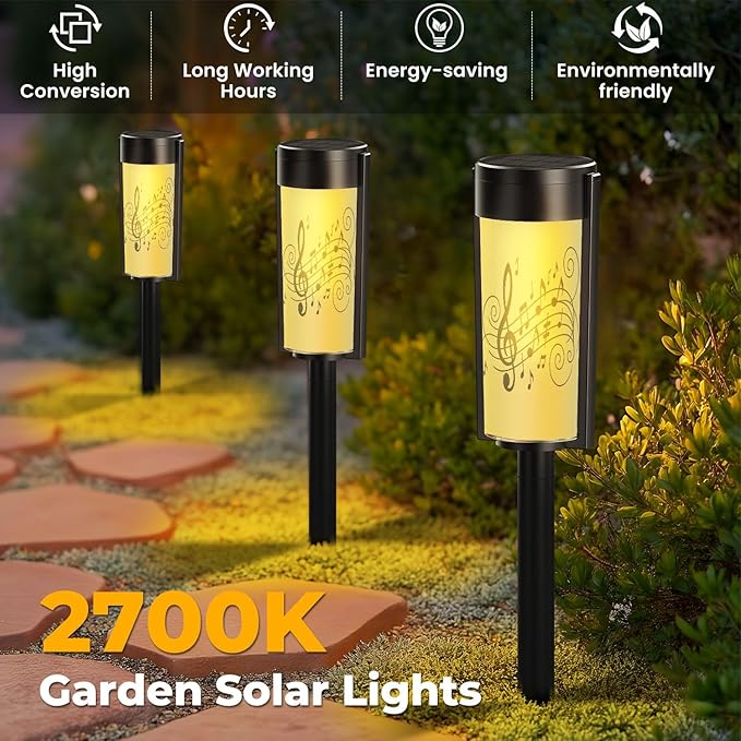 4 Pack Solar Pathway Lights Outdoor Waterproof Musical notes stave line symbols for staff music key note theme Treble Solar Garden Lights LED Landscape Lighting for Yard Walkway Lawn Garden Decor