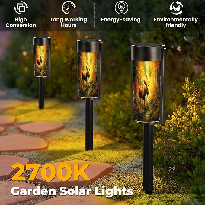 4 Pack Solar Pathway Lights Outdoor Waterproof Wildlife Painting Majestic Moose Rustic Wild Animal Elk Deer Moose Solar Garden Lights LED Landscape Lighting for Yard Walkway Lawn Garden Decor