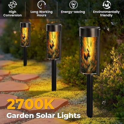 4 Pack Solar Pathway Lights Outdoor Waterproof Wildlife Painting Majestic Moose Rustic Wild Animal Elk Deer Moose Solar Garden Lights LED Landscape Lighting for Yard Walkway Lawn Garden Decor