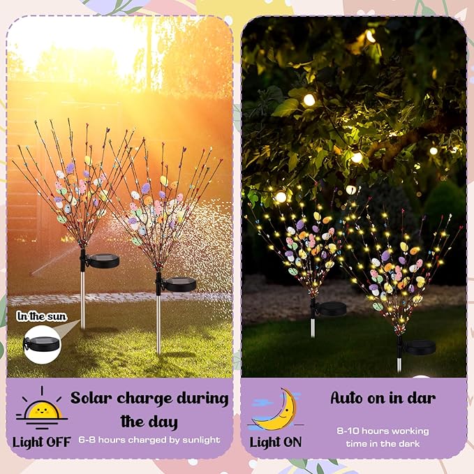 2 Pcs Solar Easter Egg Lights Waterproof Egg Stake Lights Decorative Garden Firefly Outdoor Easter Light for Lawn Trails Landscaped Yards Pathway Porches and Patio Decorations