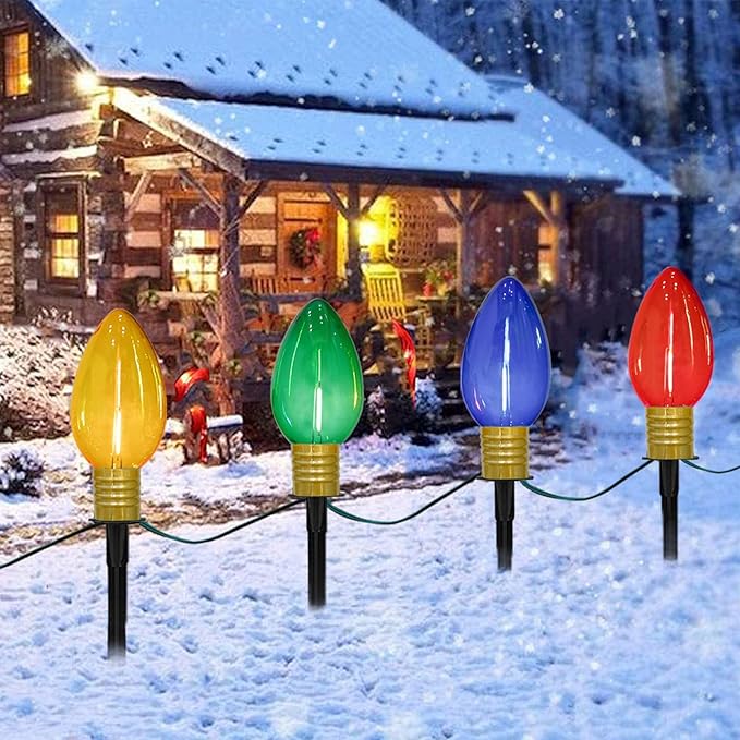 C9 Outdoor Christmas Pathway Lights, Set of 4 Outdoor Lawn Christmas Lights with C9 Clear Multicolored Jumbo LED | Lumora