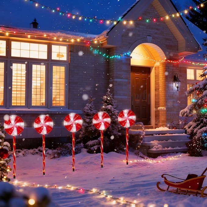 BRIGHTDECK Lollipop Solar Christmas Pathway Lights Outdoor, 5 Pack LED Christmas Decor with 8 Lighting Modes, Light Up Solar Stake Lights for Holiday, Xmas, Walkway, Sidewalk (Red, 5 PCS)