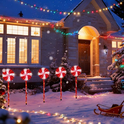 BRIGHTDECK Lollipop Solar Christmas Pathway Lights Outdoor, 5 Pack LED Christmas Decor with 8 Lighting Modes, Light Up Solar Stake Lights for Holiday, Xmas, Walkway, Sidewalk (Red, 5 PCS)