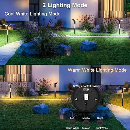 EMANER Solar Flood Lights Outdoor 2-Pack - Dual Color Warm/Daylight, Dusk to Dawn Solar Spotlights with Stake for Garden, Lawn, Landscape & Patio Pathway (Waterproof & 12Hrs Runtime)