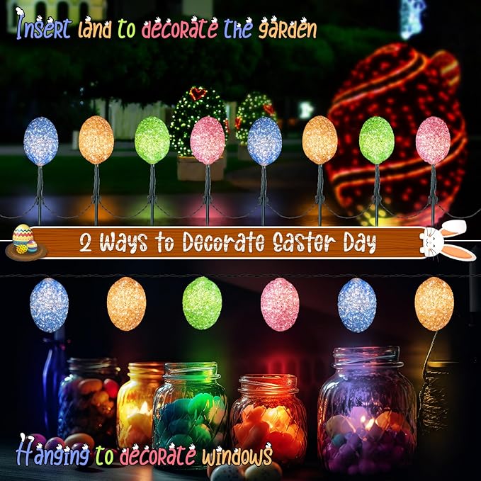Enhon Solar Easter Egg Lights with Stake, 25FT 20LED Easter Egg Pathway Lights for Easter Outdoor Decorations, 8 Lighting Modes Pastel Easter Egg Lights Easter Stake Lights for Yard Garden Path Lawn