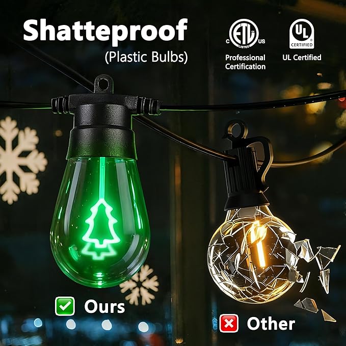 LED Outdoor String Lights, 50FT Patio Lights with 16Pcs Shatterproof S14 Bulb(1 Spare),4 Lighting Mode, Connectable, Waterproof Green Edison Plastic Bulb Hanging Light for Yard Gazebo Porch Décor