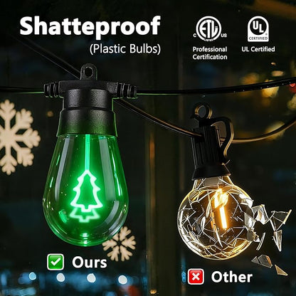 LED Outdoor String Lights, 50FT Patio Lights with 16Pcs Shatterproof S14 Bulb(1 Spare),4 Lighting Mode, Connectable, Waterproof Green Edison Plastic Bulb Hanging Light for Yard Gazebo Porch Décor