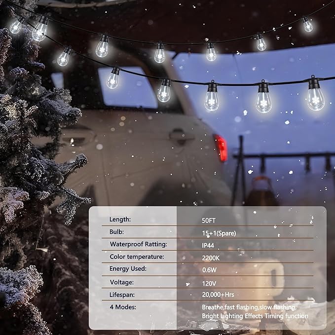 LED Outdoor String Lights, 50FT Patio Lights with 16Pcs Shatterproof S14 Bulb(1 Spare),4 Lighting Mode, Connectable, Waterproof White Edison Plastic Bulb Hanging Light for Yard Gazebo Porch Décor