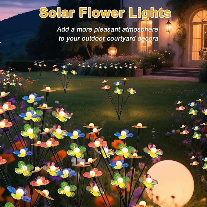 Solar Flower Lights Outdoor Waterproof 4 Pack of 32 LEDs Garden Solar Firefly Lights Decorative for Garden, Yard, Backyard