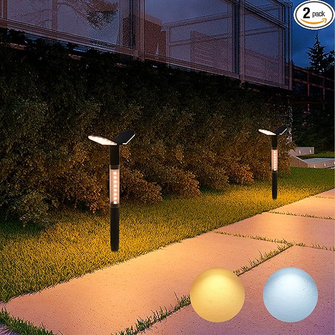Outdoor Solar Pathway Lights, Warm White and Cool White, Landscape Lighting with Stakes, 2Pack
